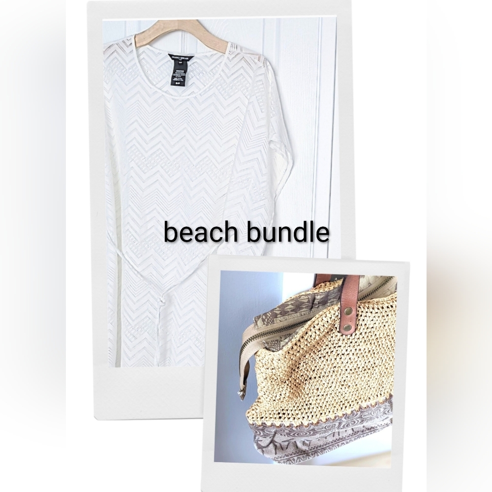 Beach Bundle: White Mesh Cover-Up, S/M and Woven Beach Bag.